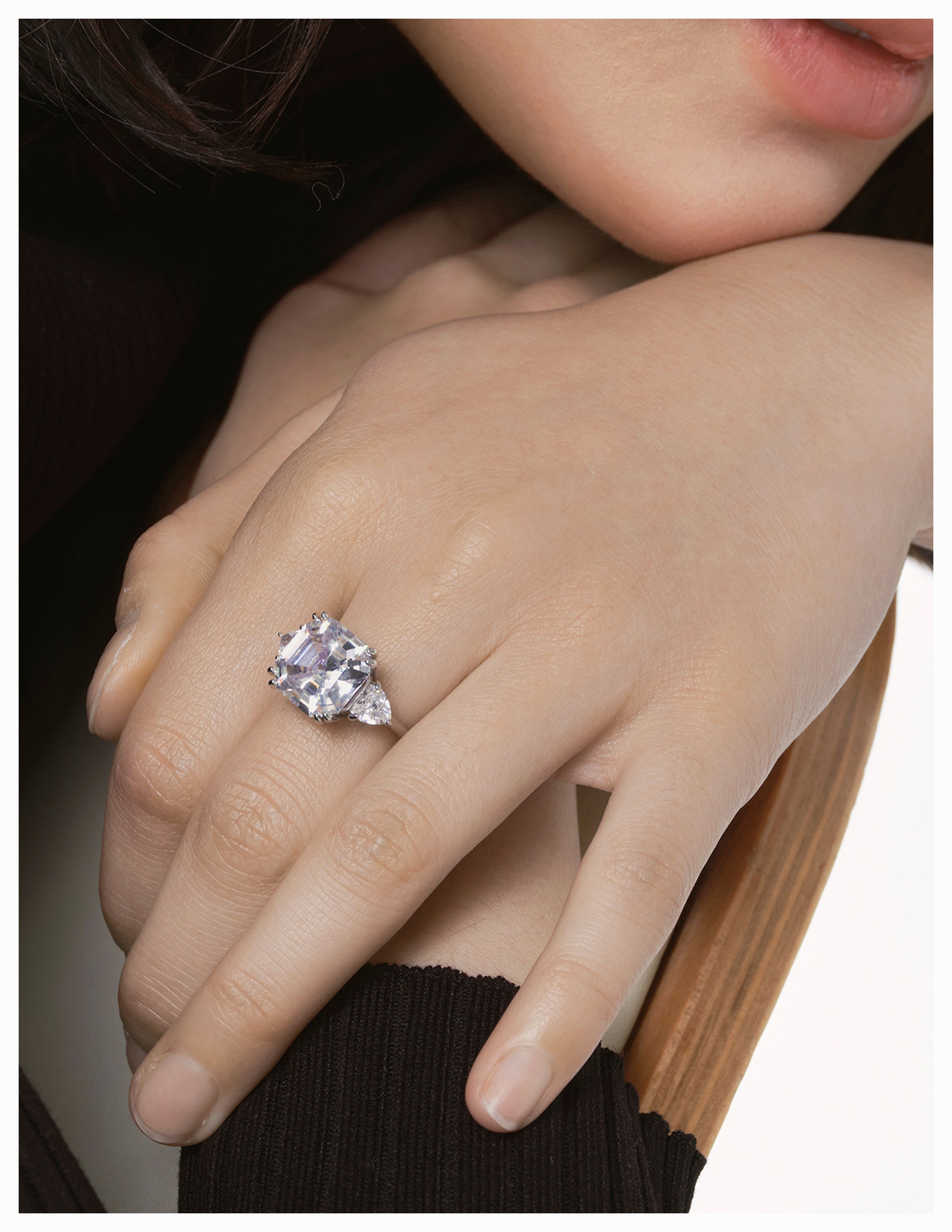 Square Zircon Cocktail Open Ring （Crystal Clear）