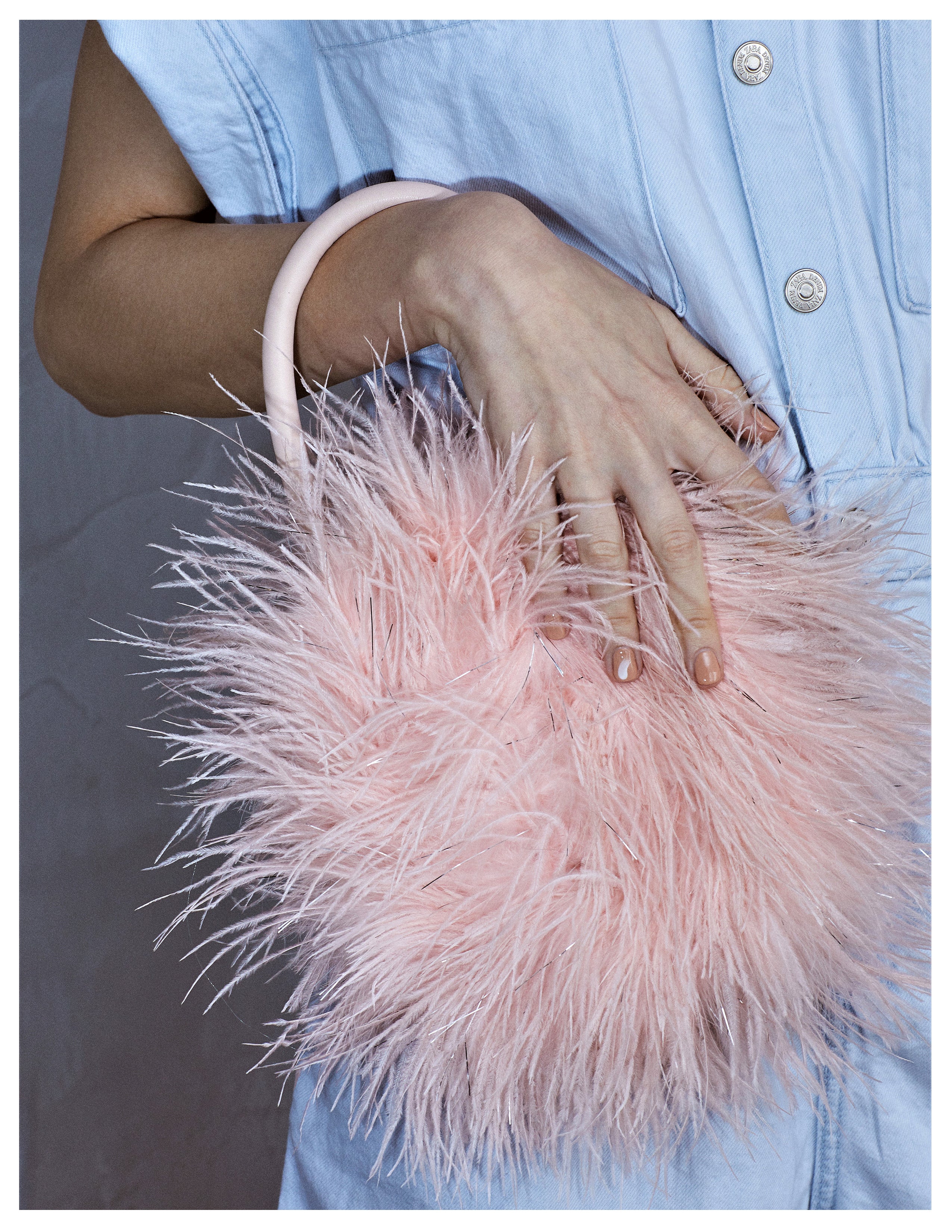 Ostrich Fur Glitter PearlChain Handbag （Pink）