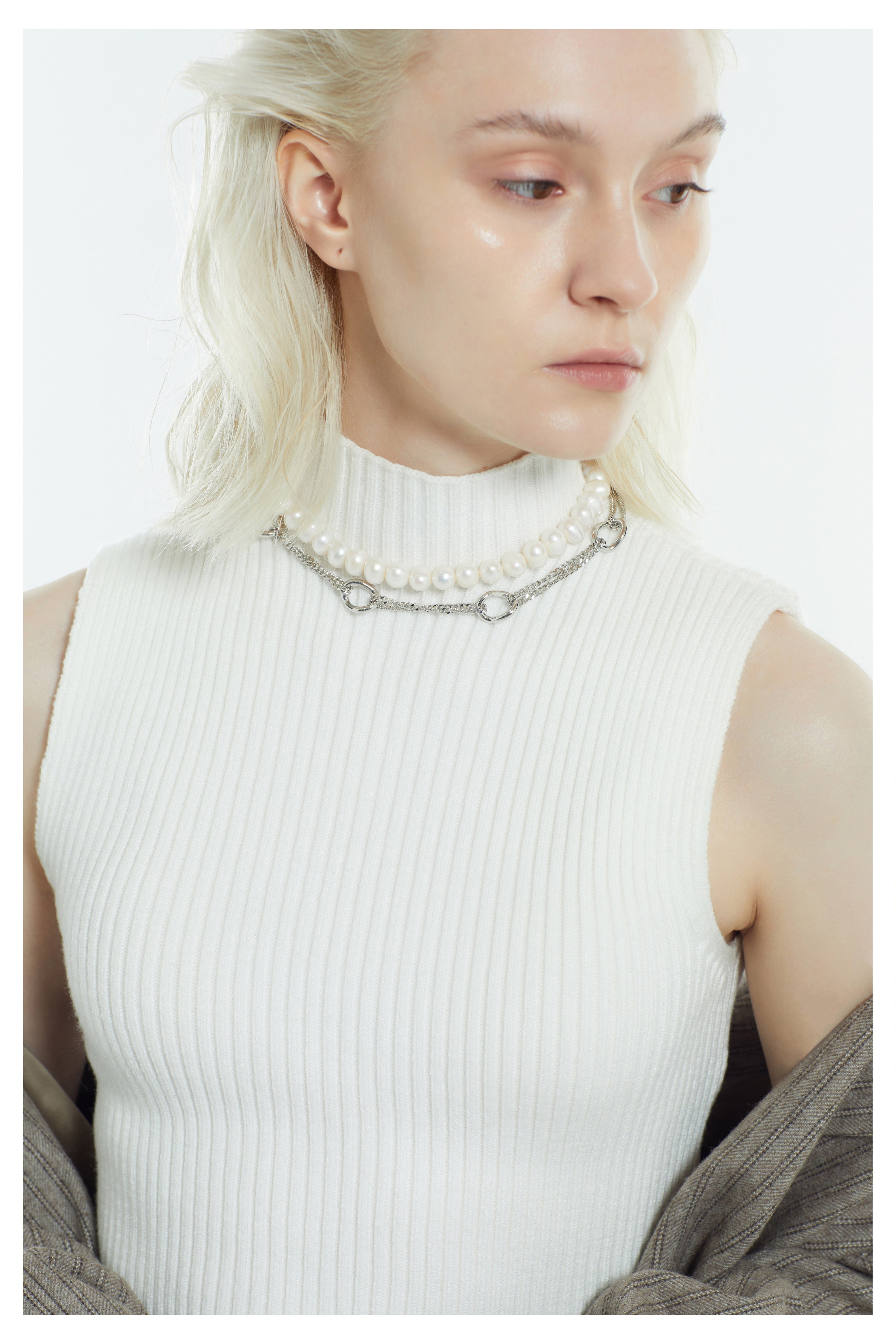 Double Layer Baroque Pearl Complex Structure Chain Necklace （Platinum）