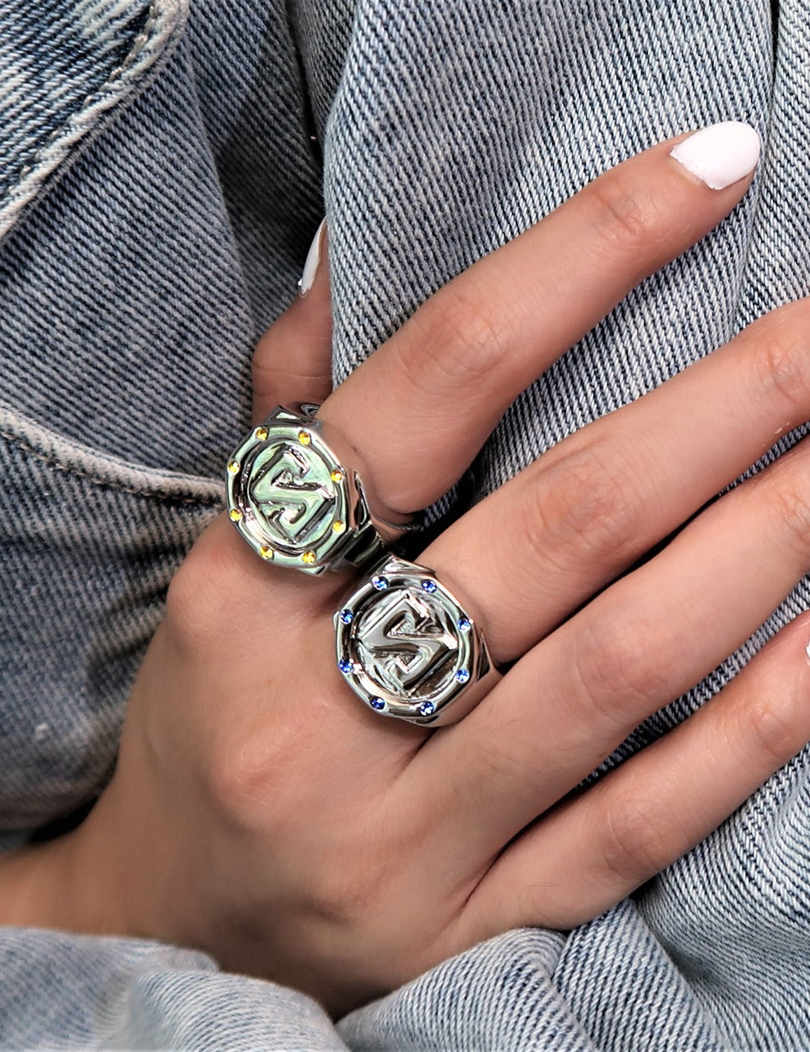 "N" Letter Signet 8 Stars Ring（Rhine Blue)