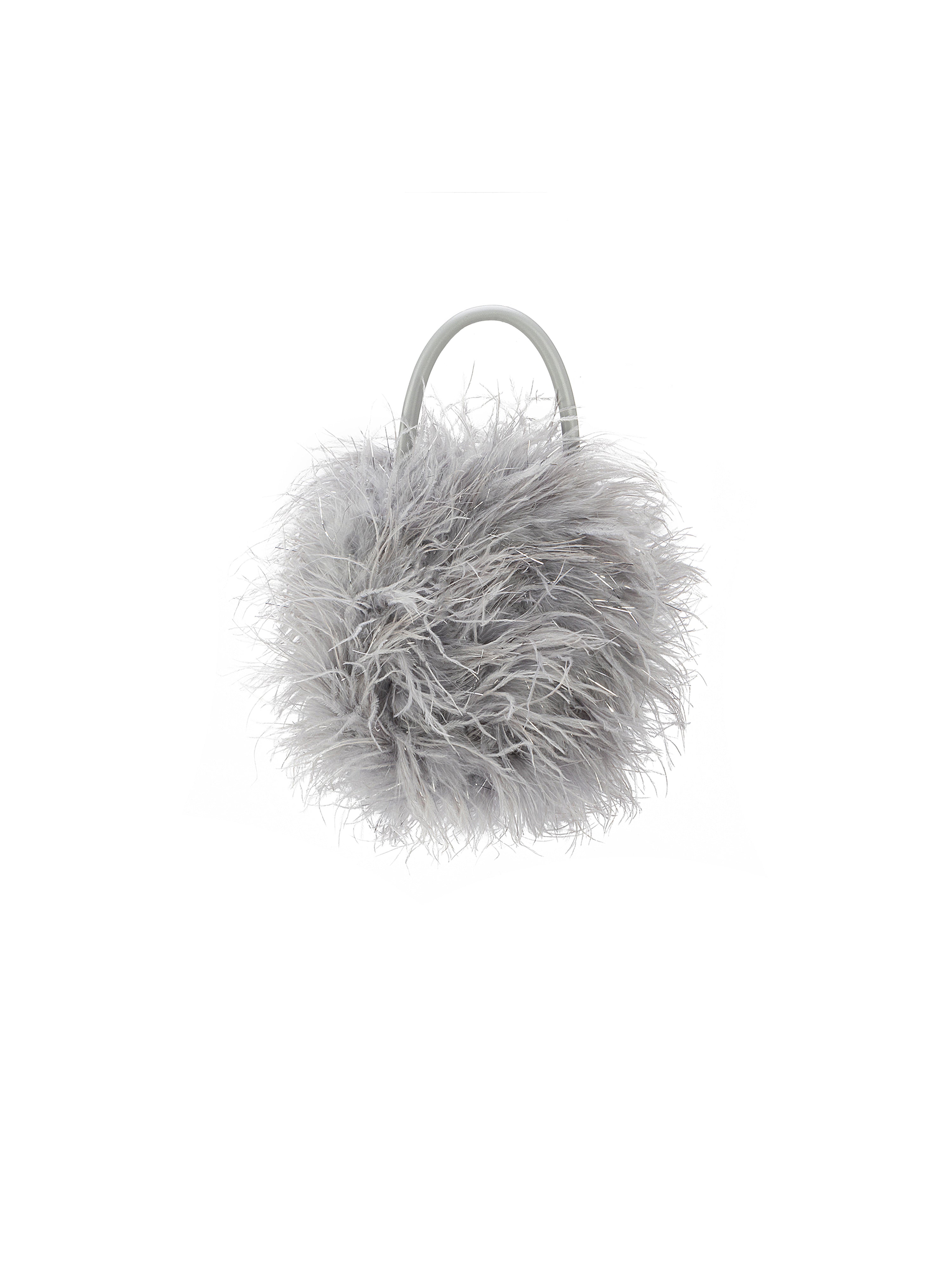 Ostrich Fur Glitter PearlChain Handbag （Light Gray）