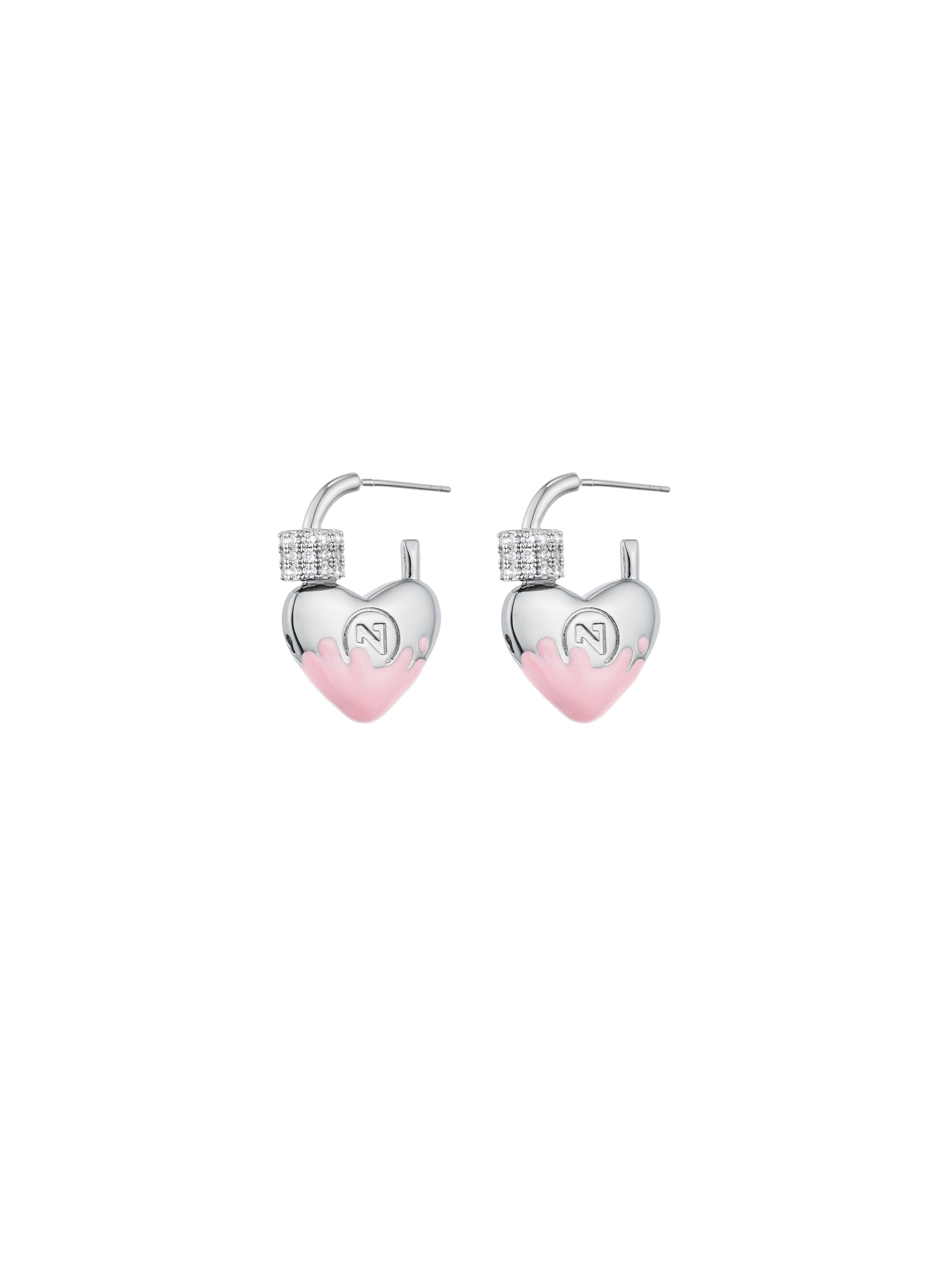 Heart-Shape Lock Earrings with glaze （Pink）
