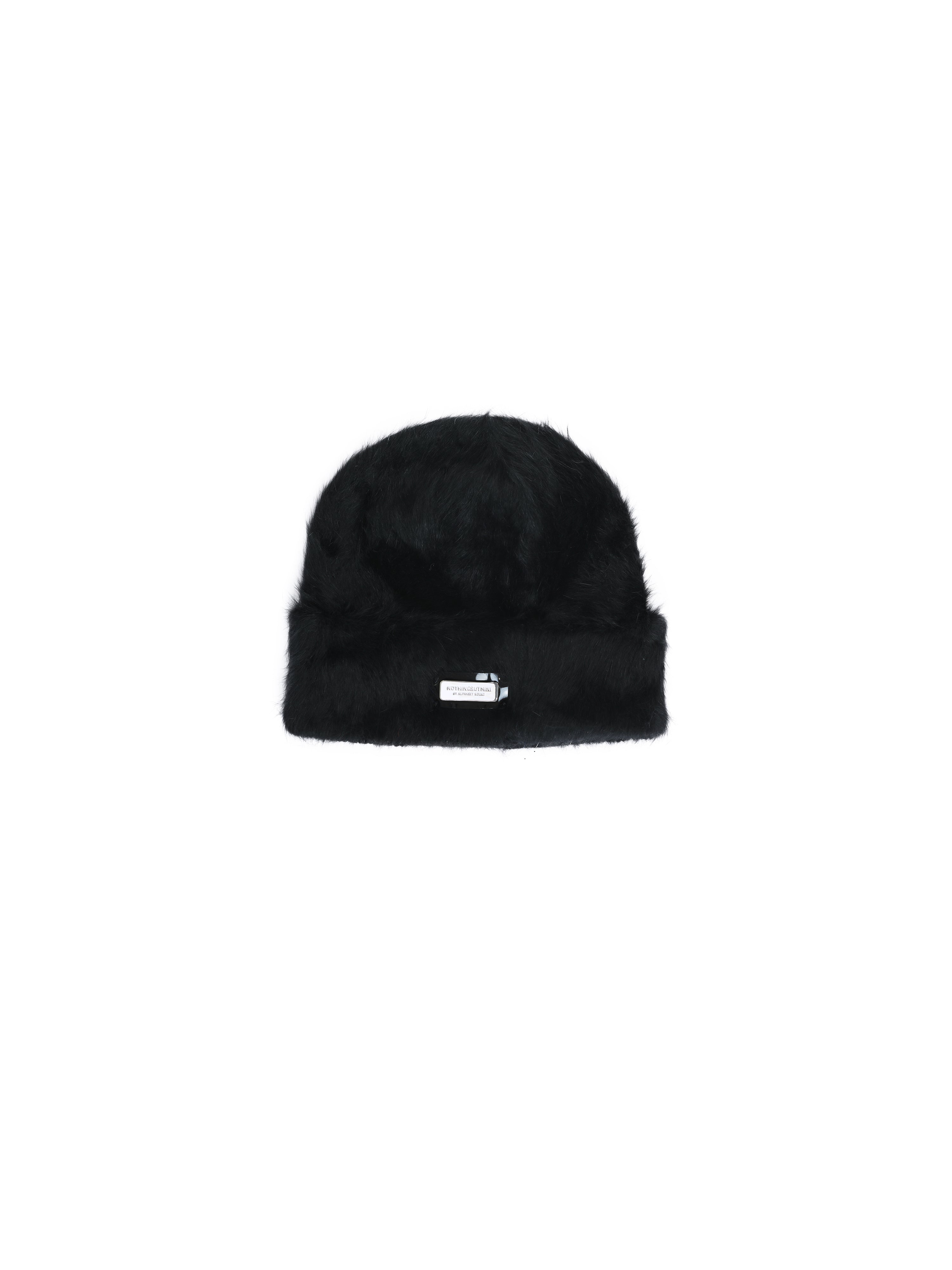 NBM metal badge rabbit fur beanie hat (Black）