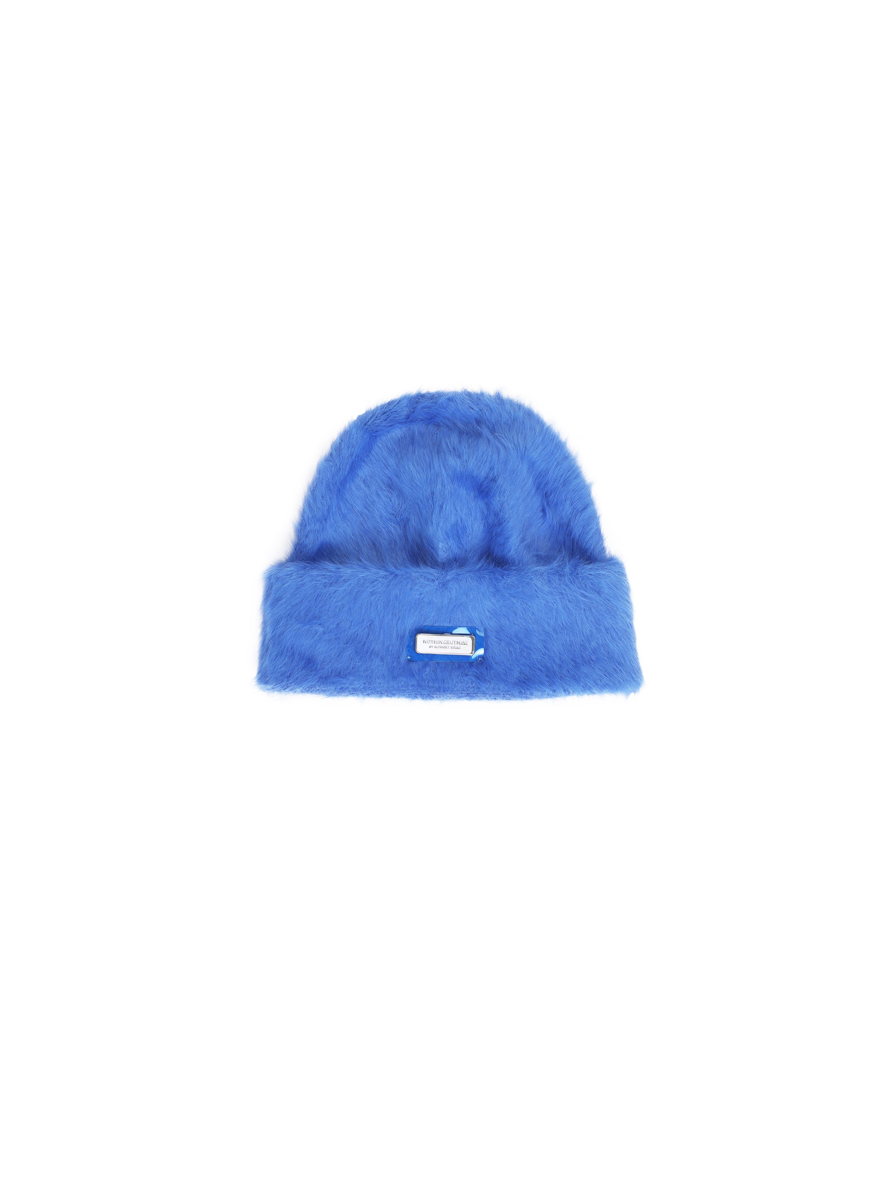 NBM metal badge rabbit fur beanie hat (Blue）