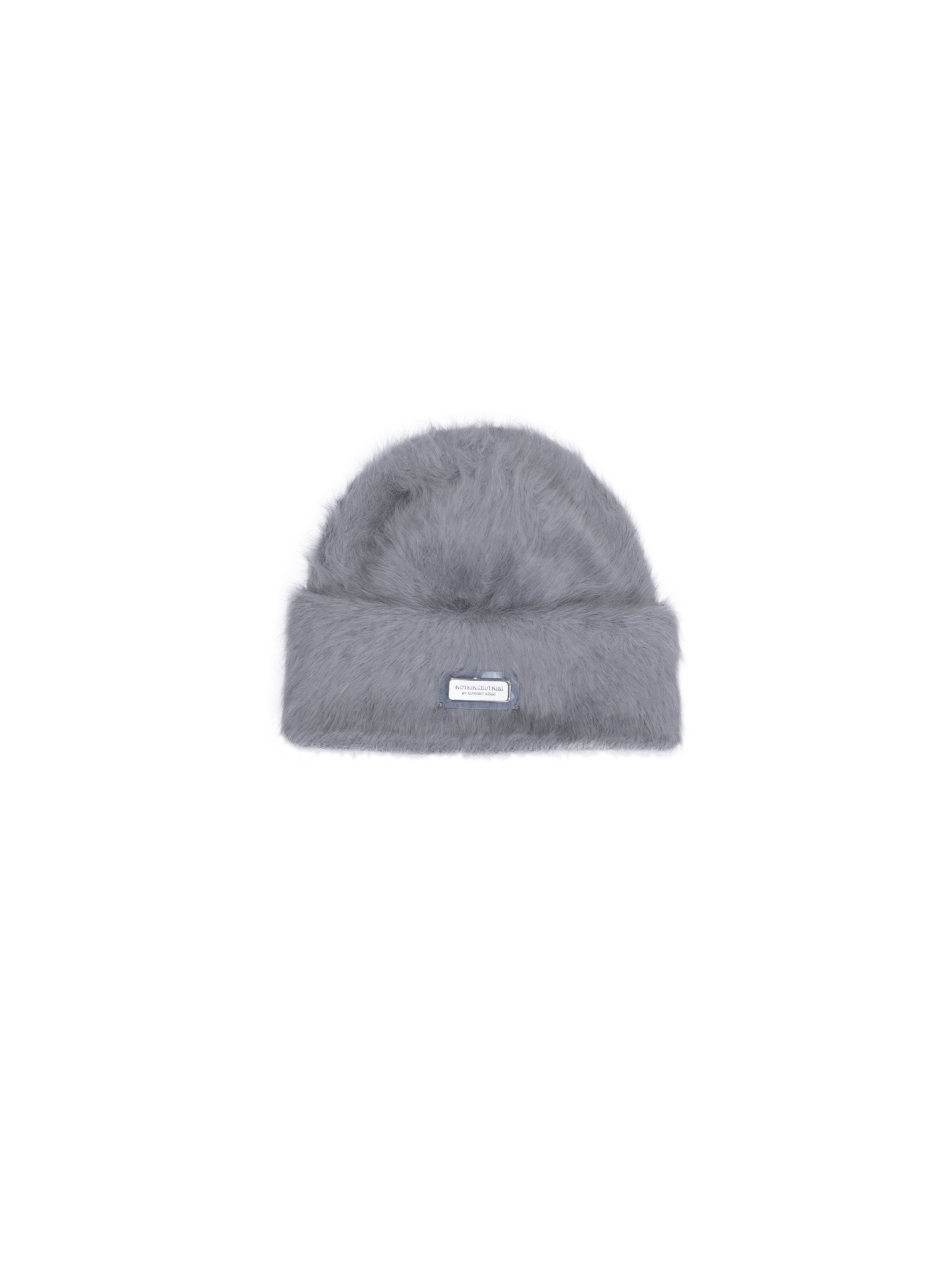 NBM metal badge rabbit fur beanie hat (Gray）