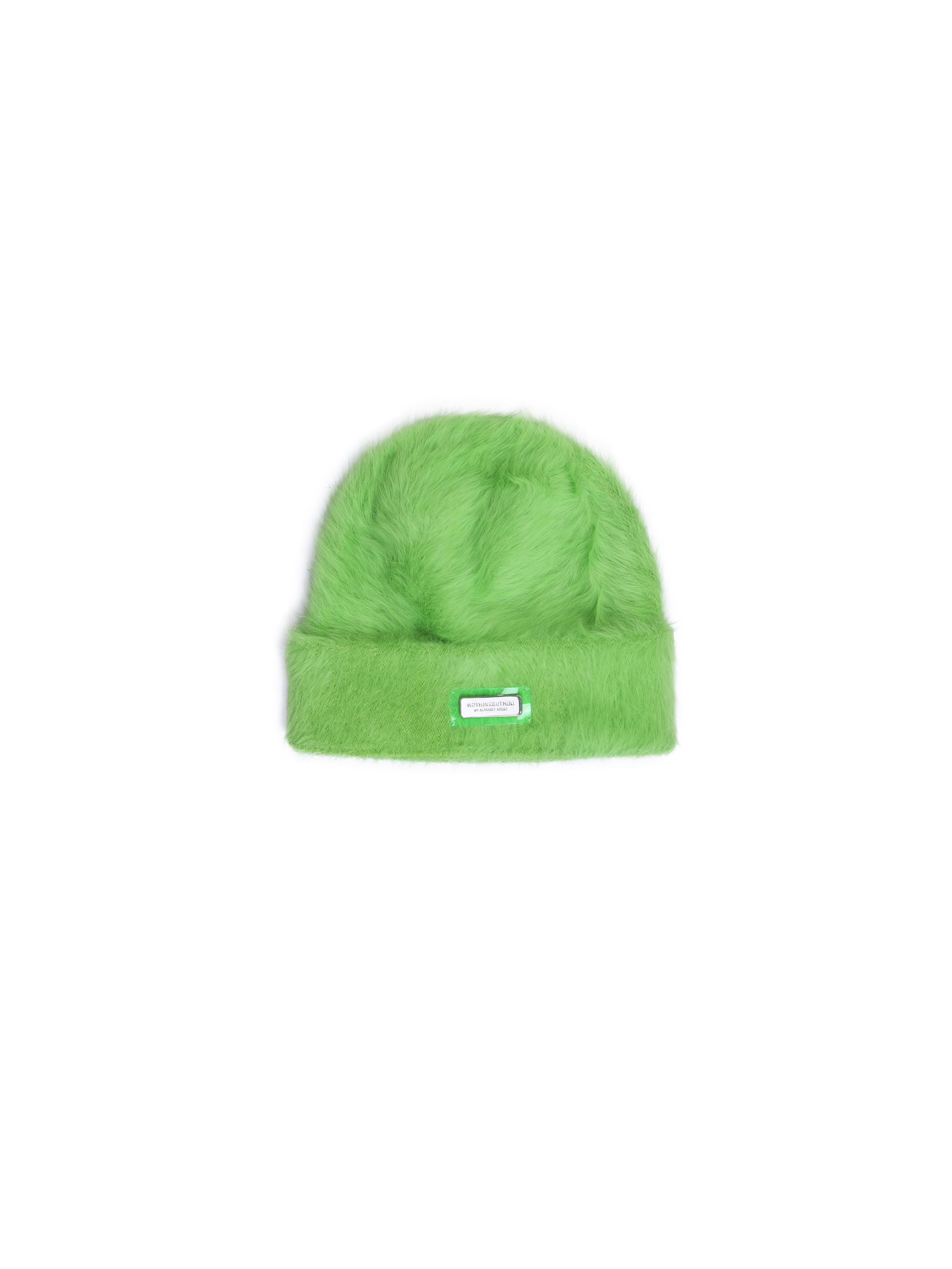 NBM metal badge rabbit fur beanie hat (Green)