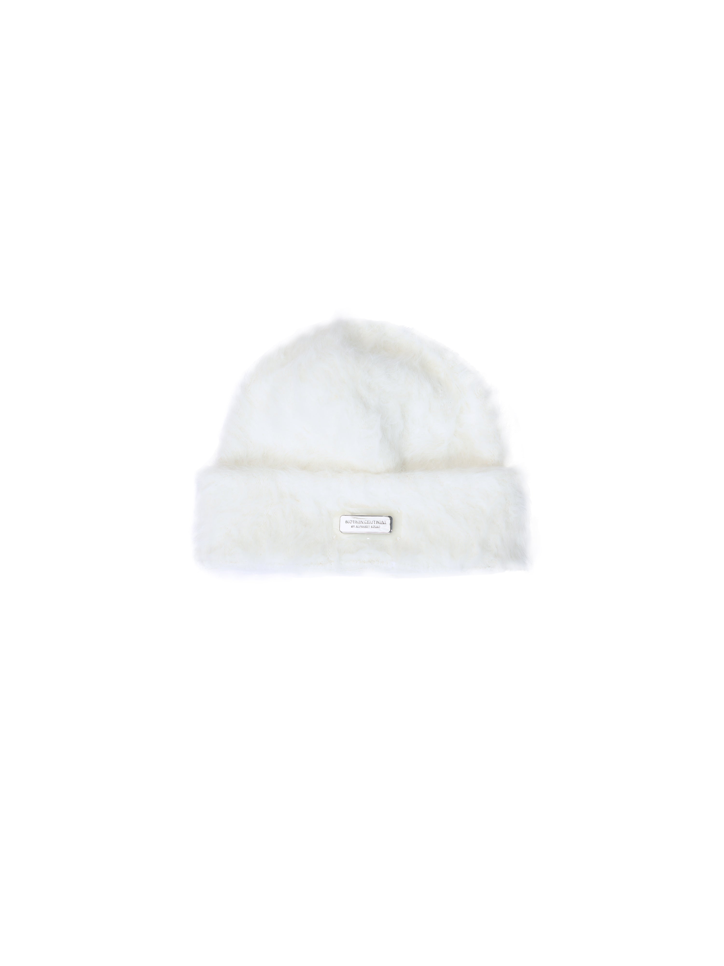 NBM metal badge rabbit fur beanie hat (White）