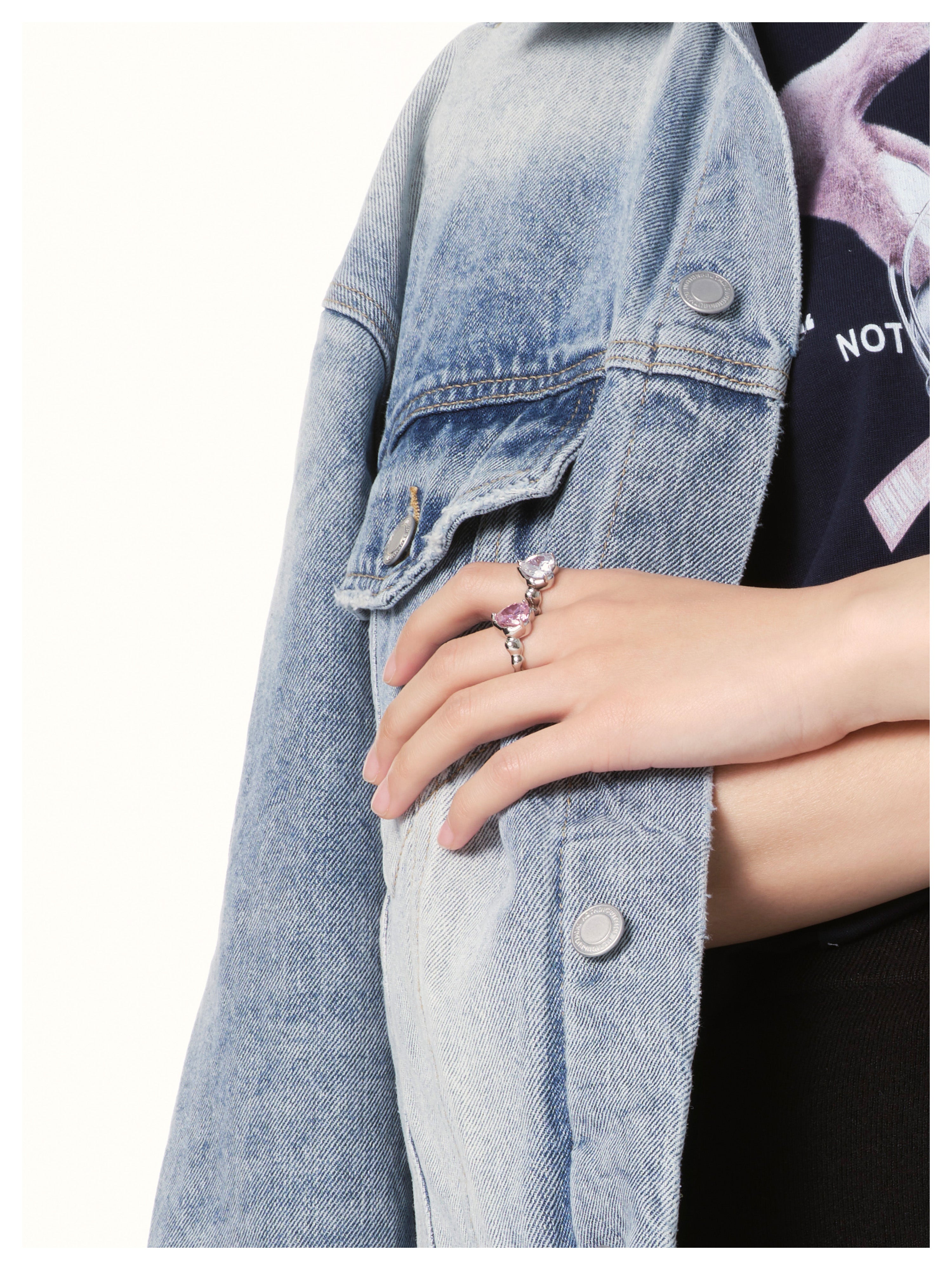 Heart-shaped Zircon Cocktail Open Ring（Crystal Pink)