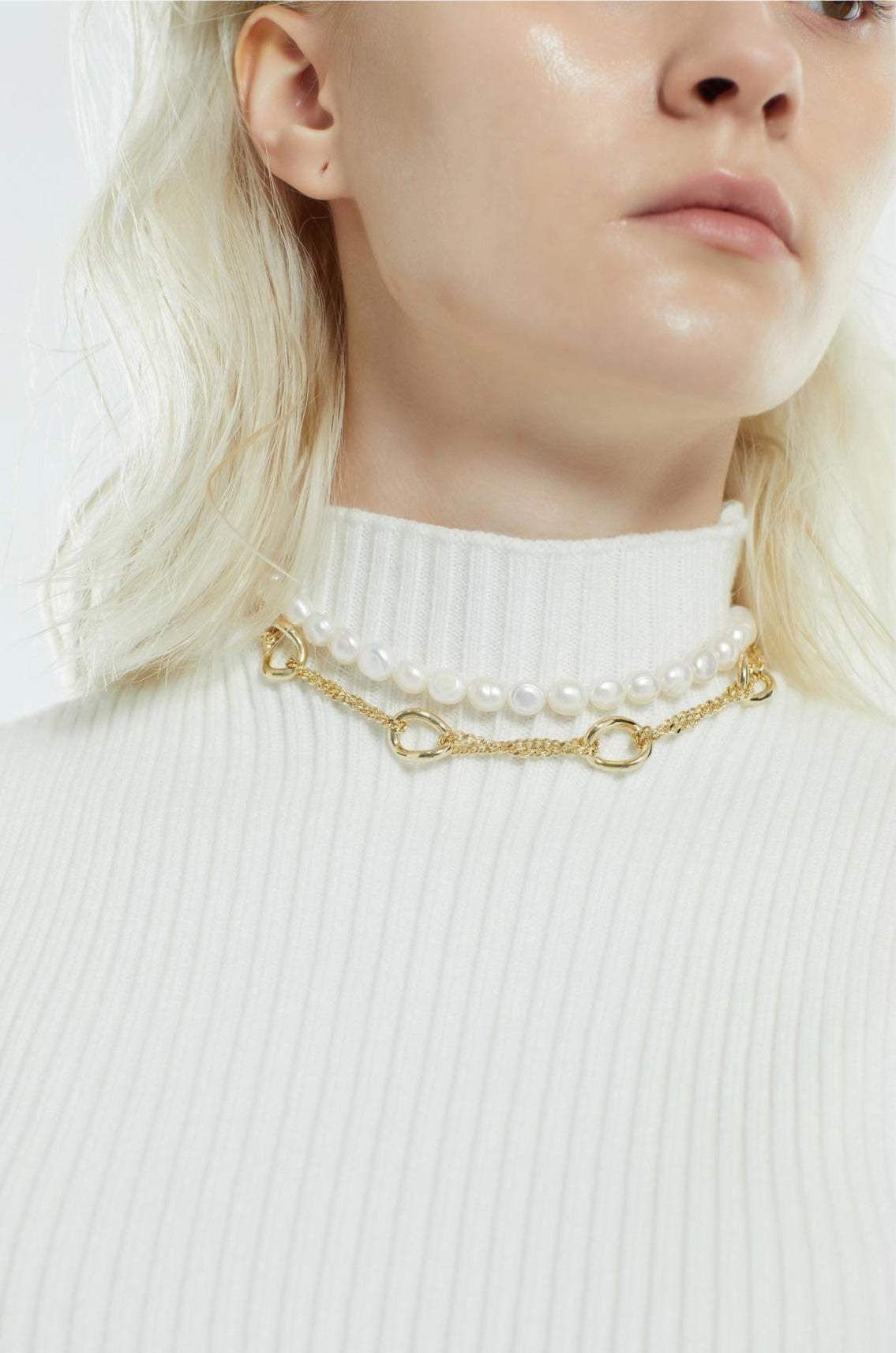 Double Layer Baroque Pearl Complex Structure Chain Necklace （Brzone Gold）